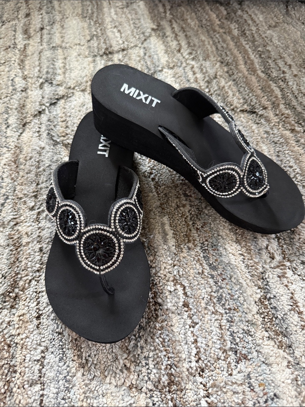 Mixit Black Beaded Wedge Thong Sandals with Silver Accents